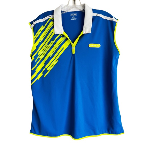 adidas Tops - Adidas Golf Womens Sleeveless Polo Shirt Blue Neon Yellow Graphic Size L